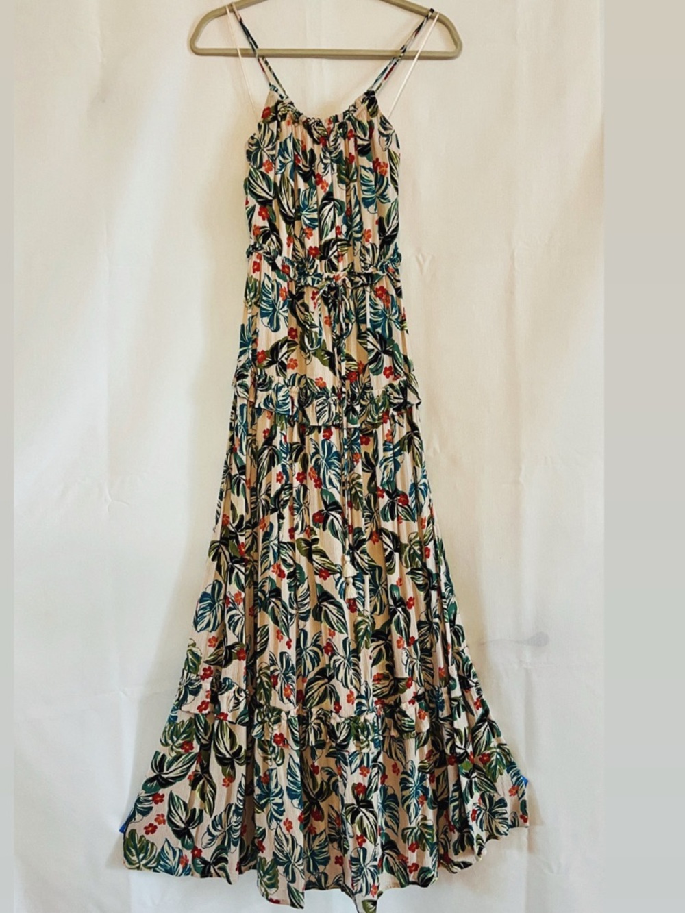 Lost + Wander Beige Maxi Dress with Green Leaf and Red Floral Print